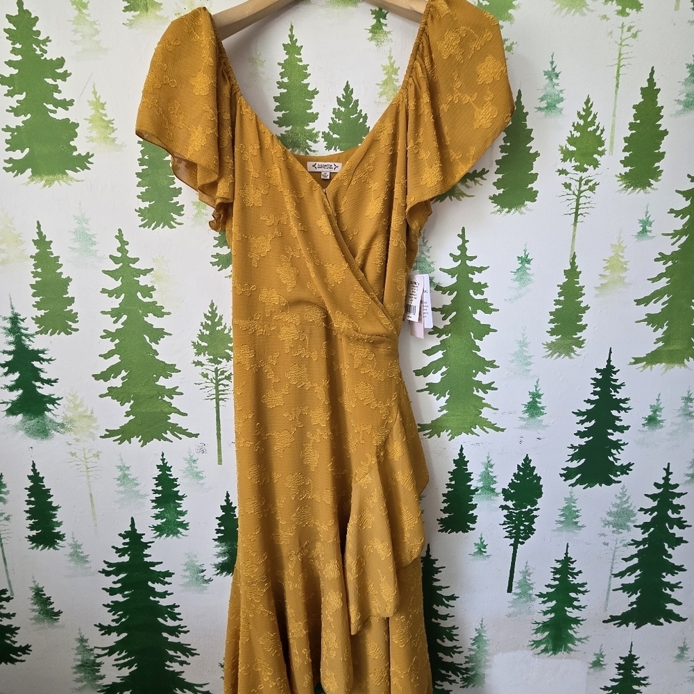 Nanette Lepore Mustard Yellow Flutter Wrap Dress